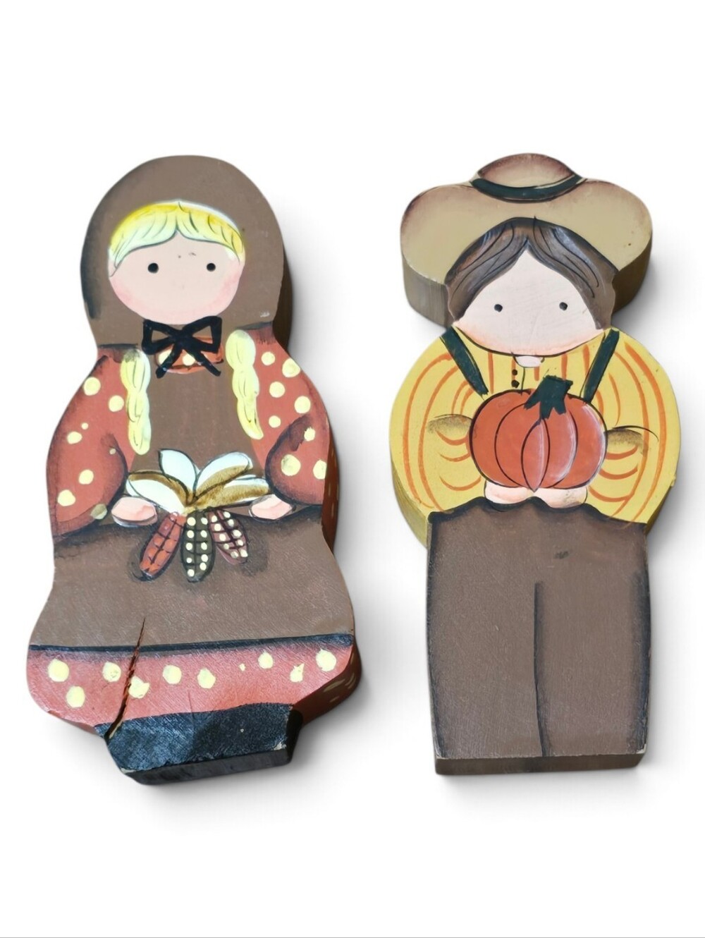 Handpainted Brown & Yellow Folk Art Wooden Set - Rustic Harvest Dolls